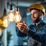 A photograph of a skilled lighting contractor installing or adjusting an eiko light bulb in a stylish