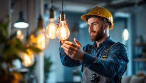 A photograph of a skilled lighting contractor installing or adjusting an eiko light bulb in a stylish