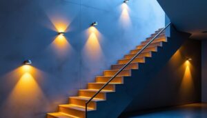 A photograph of a beautifully designed stairwell featuring stylish wall lighting fixtures that enhance the ambiance