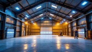 A photograph of a well-lit pole barn interior showcasing bright led lighting