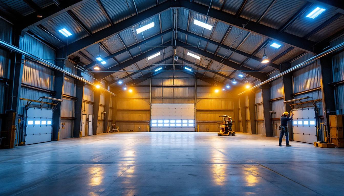 A photograph of a well-lit pole barn interior showcasing bright led lighting