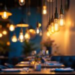 A photograph of a beautifully lit restaurant interior showcasing various lighting fixtures
