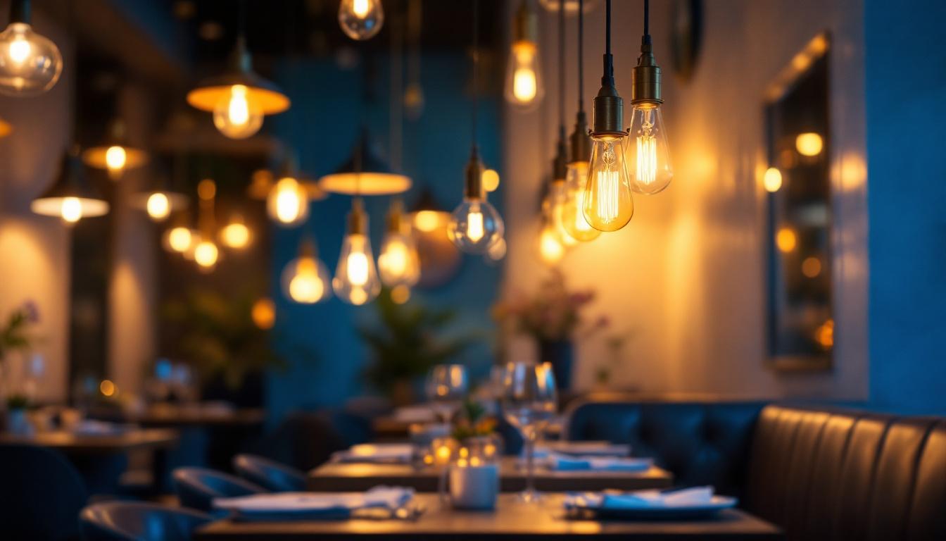 A photograph of a beautifully lit restaurant interior showcasing various lighting fixtures