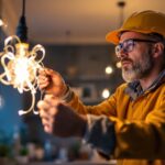 A photograph of a lighting contractor inspecting or installing unique and innovative lighting fixtures