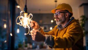 A photograph of a lighting contractor inspecting or installing unique and innovative lighting fixtures