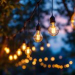 A photograph of a beautifully arranged outdoor setting featuring hanging light bulbs strung between trees or along a patio