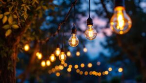 A photograph of a beautifully arranged outdoor setting featuring hanging light bulbs strung between trees or along a patio