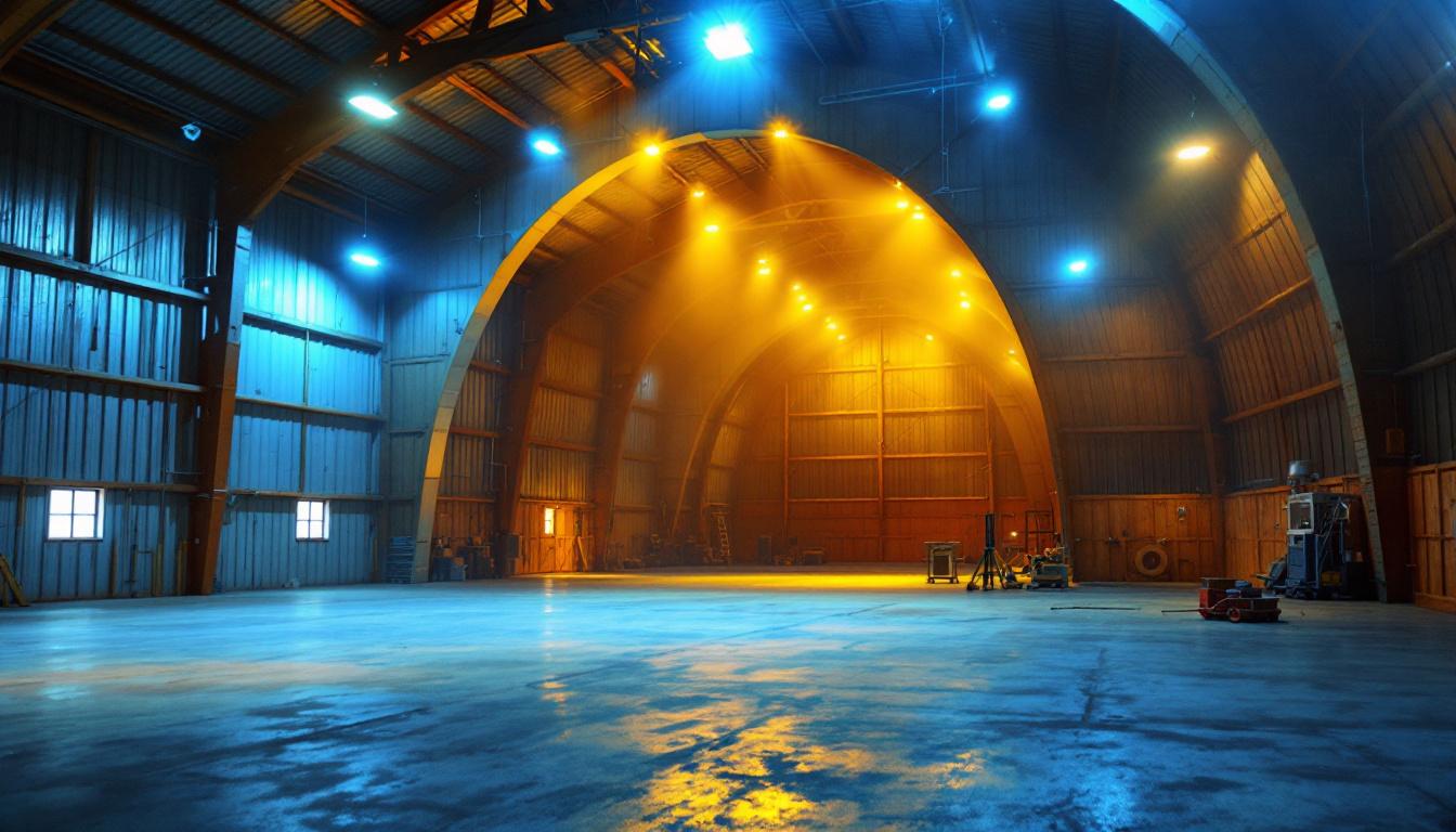 A photograph of a well-lit pole barn interior showcasing various led lighting installations