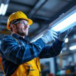 A photograph of a lighting contractor in action