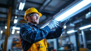 A photograph of a lighting contractor in action