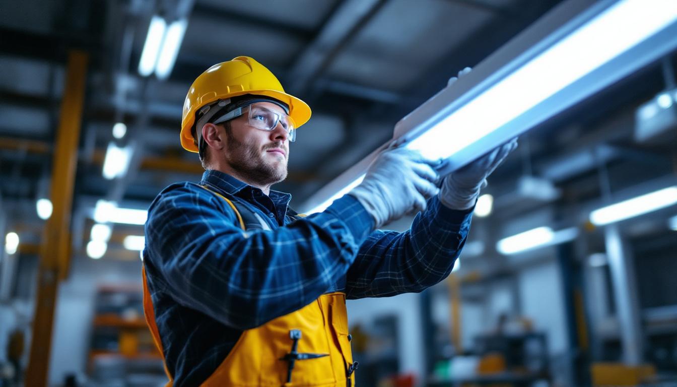 A photograph of a lighting contractor in action