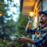 A photograph of a lighting contractor installing a motion sensor recessed light in an outdoor setting