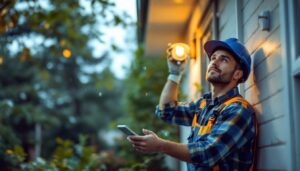 A photograph of a lighting contractor installing a motion sensor recessed light in an outdoor setting