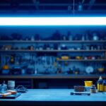 A photograph of a well-lit workshop or garage space showcasing a plug-in fluorescent shop light in action