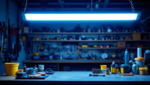 A photograph of a well-lit workshop or garage space showcasing a plug-in fluorescent shop light in action