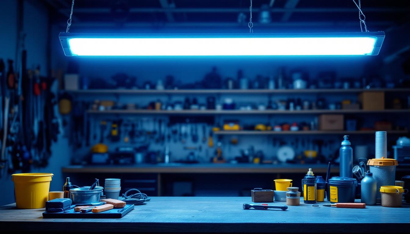 A photograph of a well-lit workshop or garage space showcasing a plug-in fluorescent shop light in action