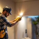 A photograph of a lighting contractor installing built-in led lights in a modern residential setting