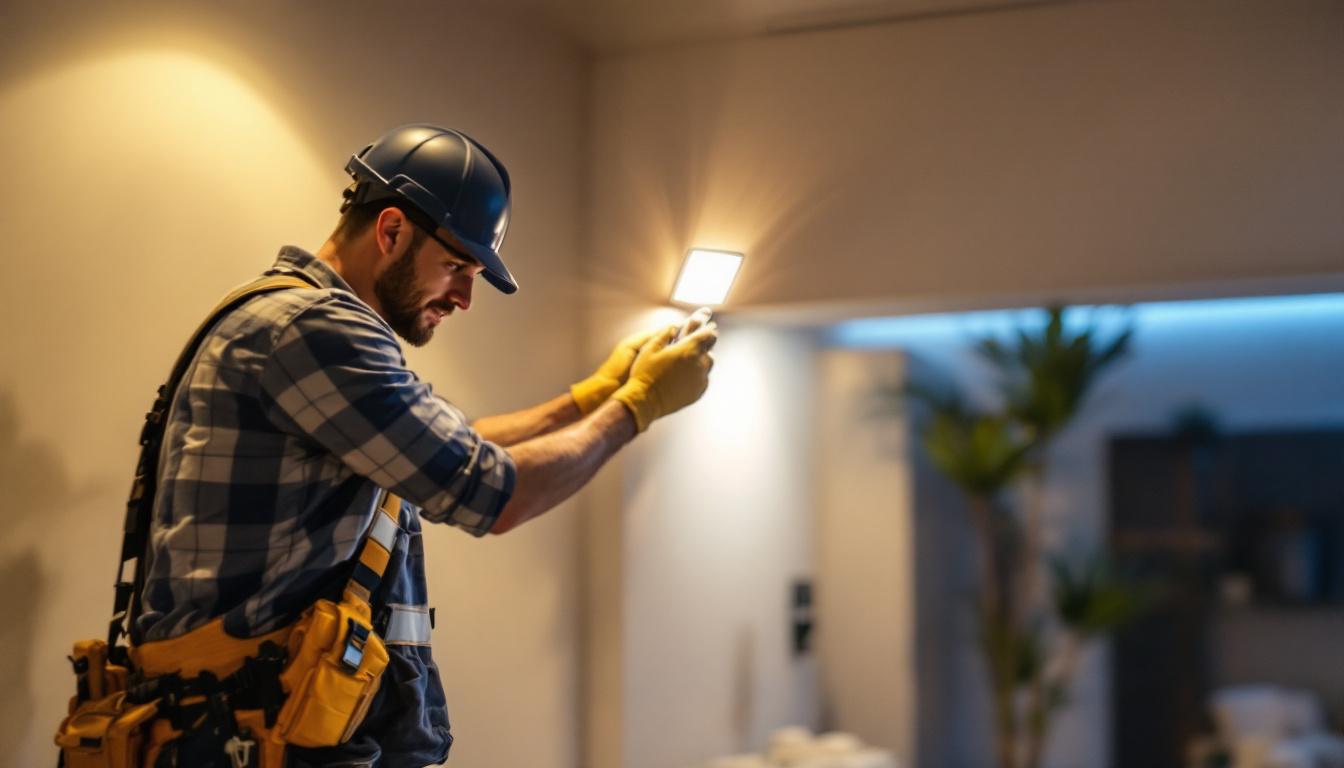 A photograph of a lighting contractor installing built-in led lights in a modern residential setting