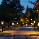 A photograph of a well-lit outdoor space featuring various styles of solar lights in use