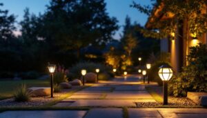 A photograph of a well-lit outdoor space featuring various styles of solar lights in use