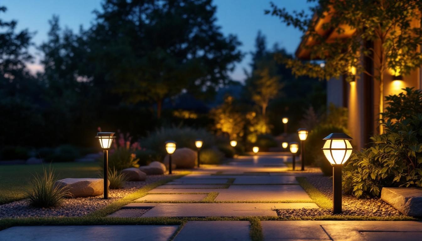 A photograph of a well-lit outdoor space featuring various styles of solar lights in use