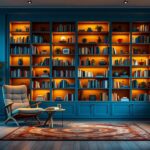 A photograph of a cozy and inviting home library space