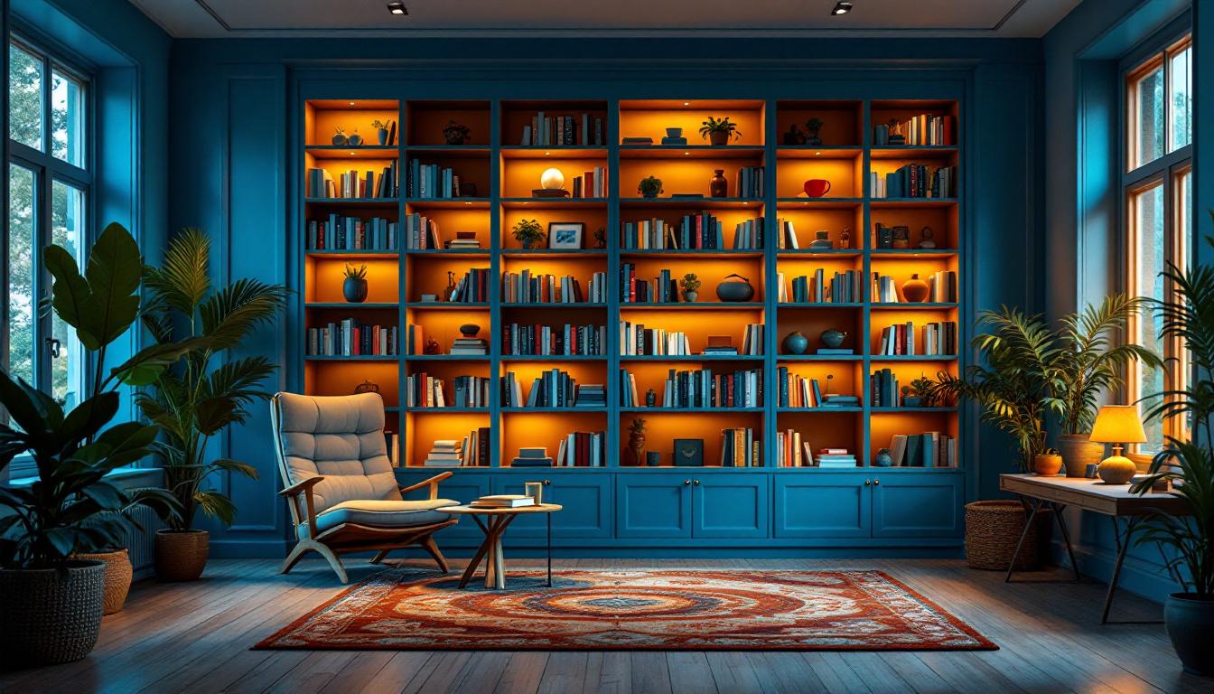 A photograph of a cozy and inviting home library space