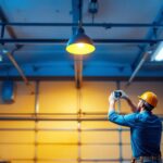 A photograph of a well-lit garage space showcasing an overhead light installation