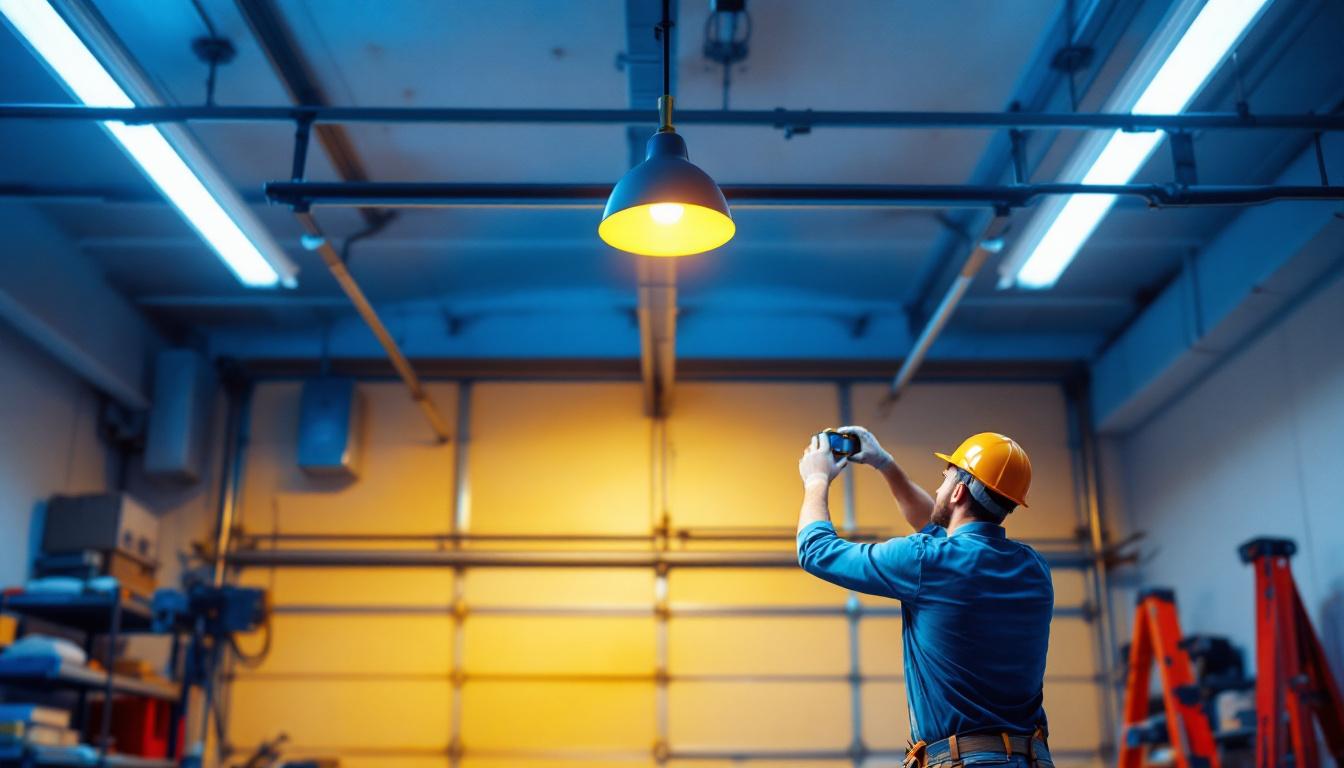 A photograph of a well-lit garage space showcasing an overhead light installation