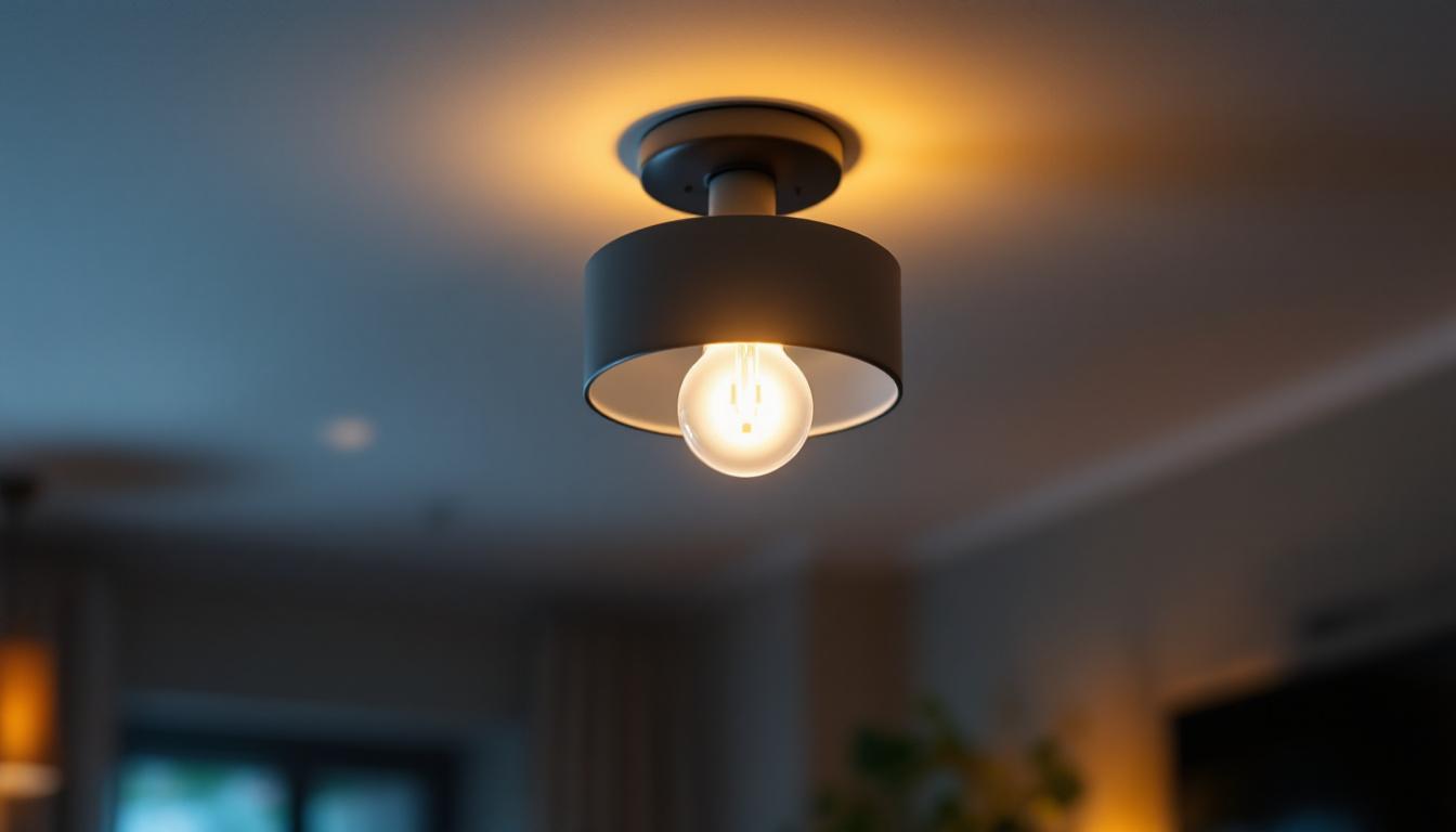 A photograph of a well-designed ceiling light fixture with an integrated receptacle installed in a stylish room setting