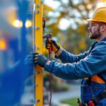 A photograph of a lighting contractor expertly installing a light pole sign bracket in an outdoor setting