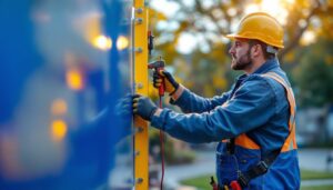 A photograph of a lighting contractor expertly installing a light pole sign bracket in an outdoor setting