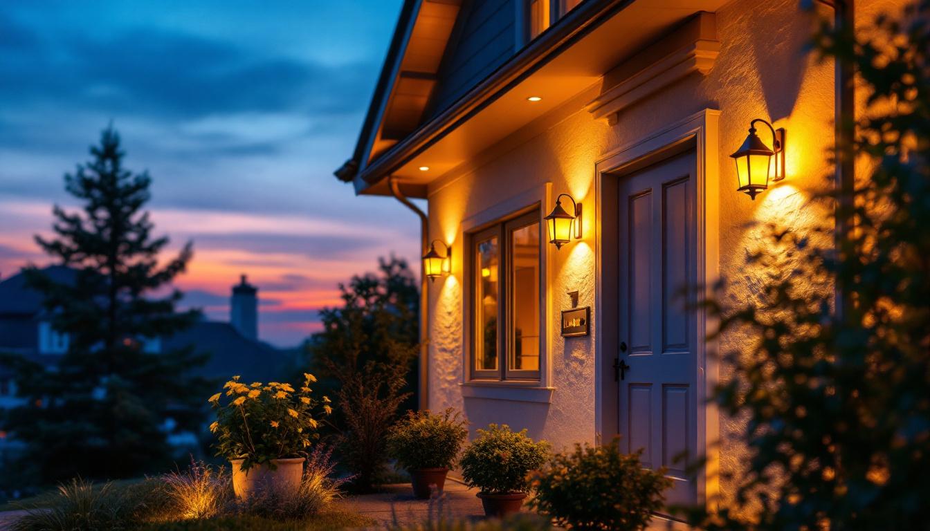 A photograph of a beautifully illuminated home exterior at dusk