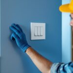 A photograph of a skilled lighting contractor expertly installing a three-position light switch in a modern home setting