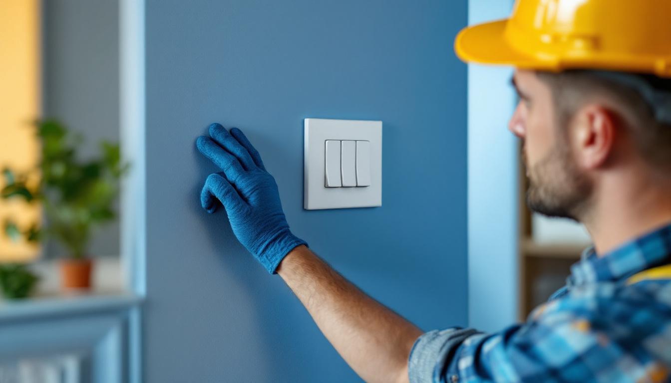 A photograph of a skilled lighting contractor expertly installing a three-position light switch in a modern home setting