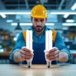 A photograph of a lighting contractor comparing t8 and t12 fluorescent tubes side by side