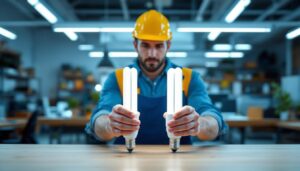 A photograph of a lighting contractor comparing t8 and t12 fluorescent tubes side by side