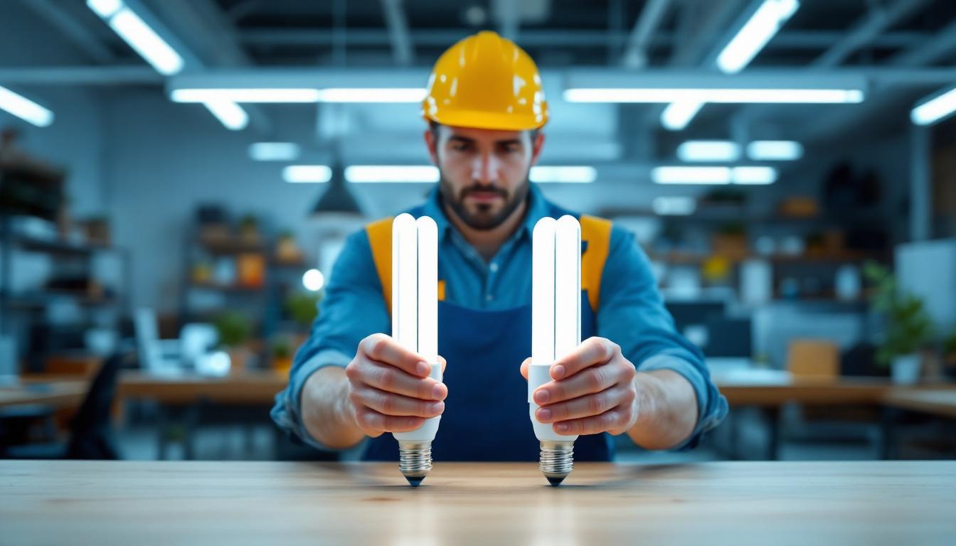 A photograph of a lighting contractor comparing t8 and t12 fluorescent tubes side by side