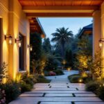 A photograph of a beautifully illuminated outdoor entryway featuring stylish hanging lights