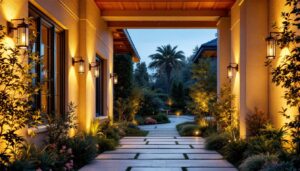 A photograph of a beautifully illuminated outdoor entryway featuring stylish hanging lights