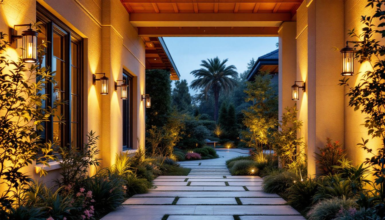 A photograph of a beautifully illuminated outdoor entryway featuring stylish hanging lights