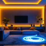A photograph of a lighting contractor installing led tape lighting in a stylish residential or commercial setting