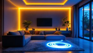 A photograph of a lighting contractor installing led tape lighting in a stylish residential or commercial setting