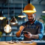 A photograph of a well-lit workspace featuring a lighting contractor examining various pendant light designs