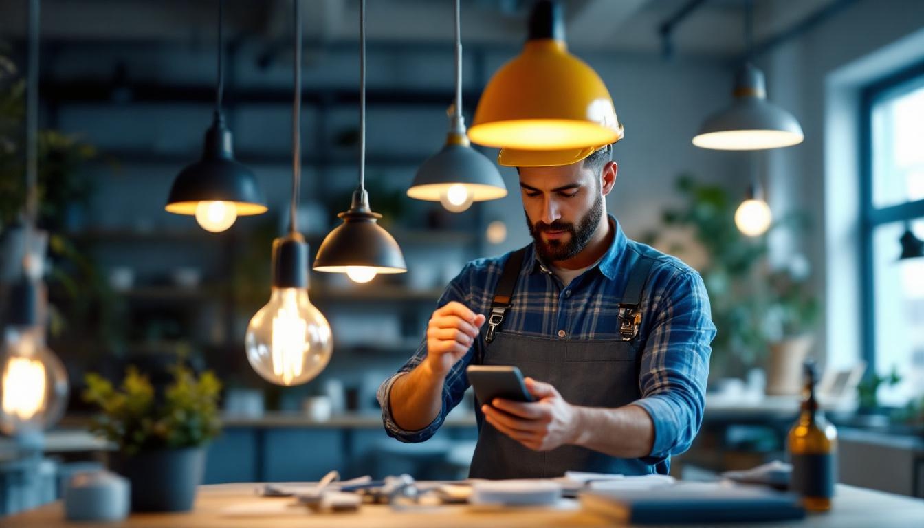 A photograph of a well-lit workspace featuring a lighting contractor examining various pendant light designs