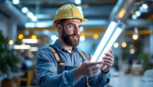 A photograph of a lighting contractor showcasing a modern fluorescent tube alternative in a well-lit commercial space