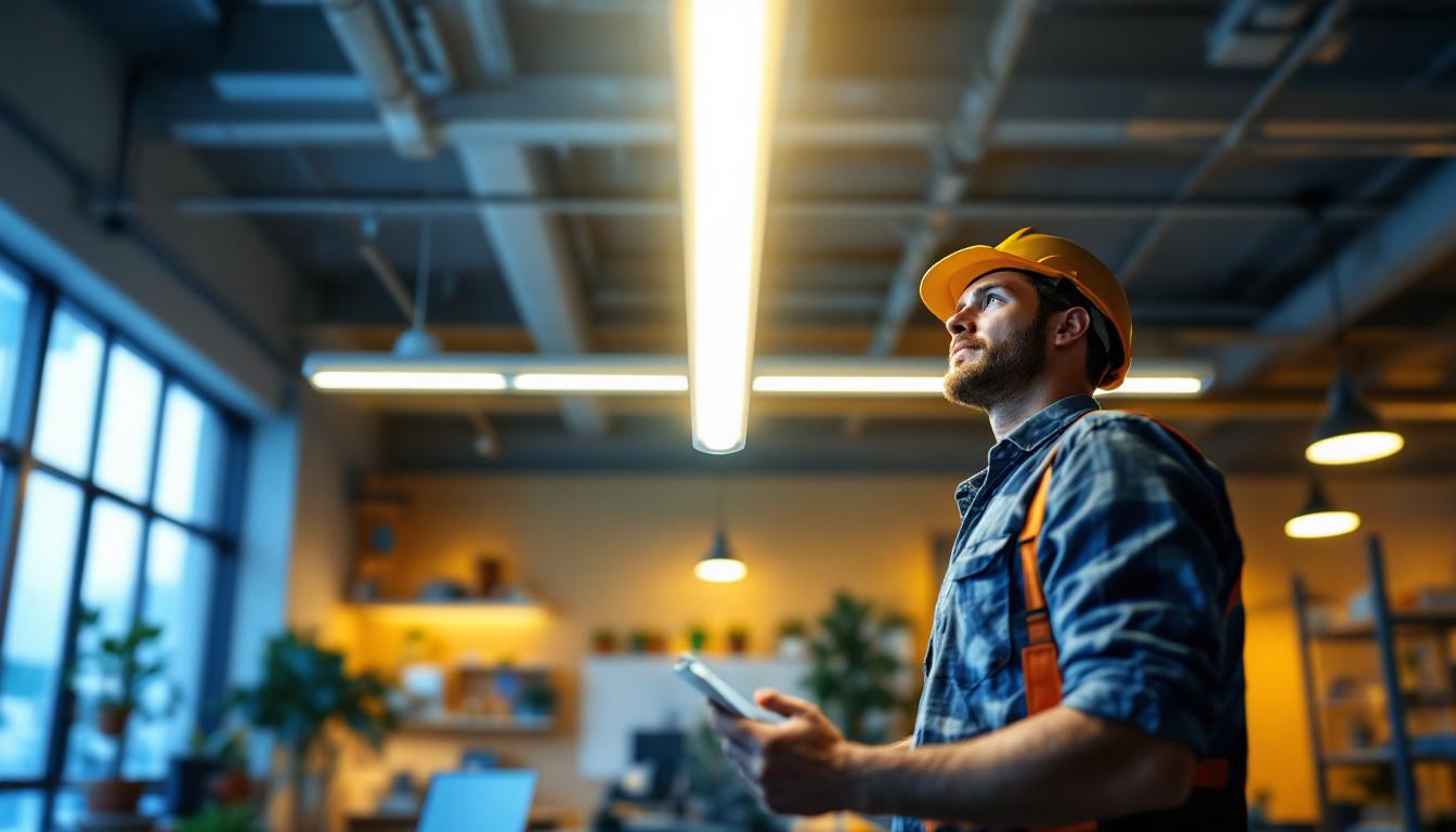 A photograph of a well-lit workspace featuring a t8 integrated led tube light installed in a ceiling