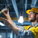 A photograph of a lighting contractor expertly installing a 100 watt type t lamp in a commercial setting