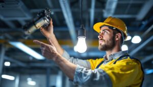 A photograph of a lighting contractor expertly installing a 100 watt type t lamp in a commercial setting