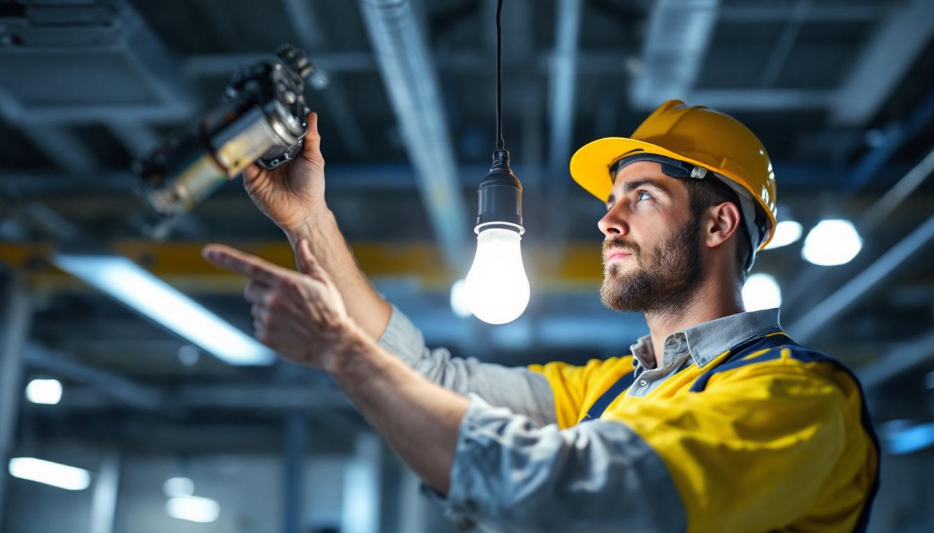 A photograph of a lighting contractor expertly installing a 100 watt type t lamp in a commercial setting